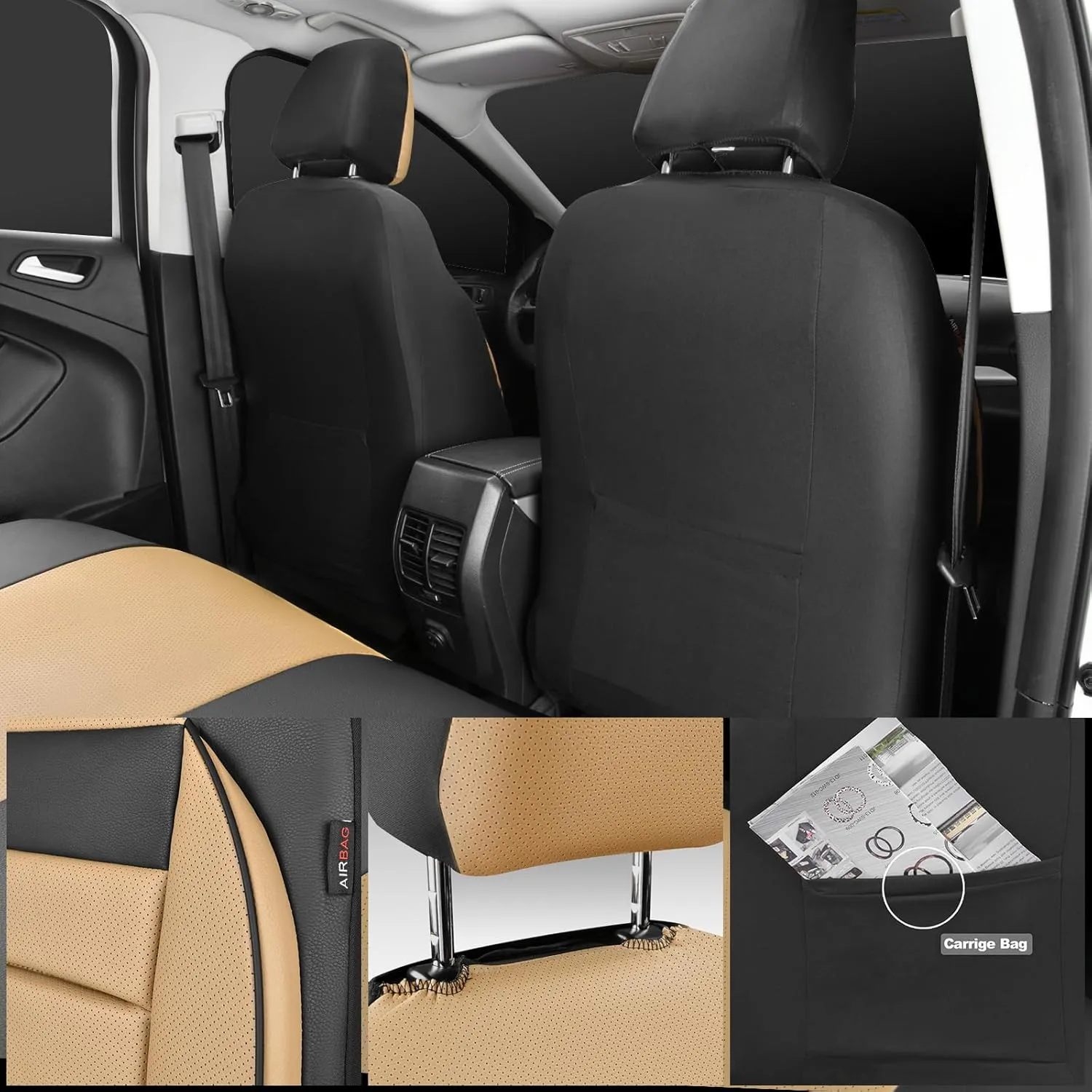 CAR PASS Faux Leather Car Seat Covers Front Seats Only, 3D Foam Support Car Seat Covers, Universal fit for Trucks Vans SUVs Sedans Automotive Comfortable, Airbag Compatible 2 Pieces Front Black Beige