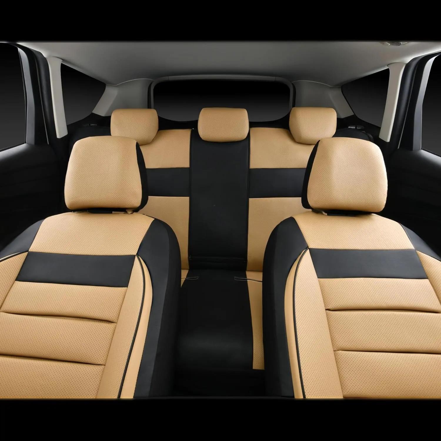 CAR PASS Leather Seat Covers Full Set Universal Water Resistant 3D Foam Back Support, Luxury Comfort Automotive 5 Seat Covers All Season Fit for SUV,Sedan,Van, Airbag Compatible Elegance(Beige Black)