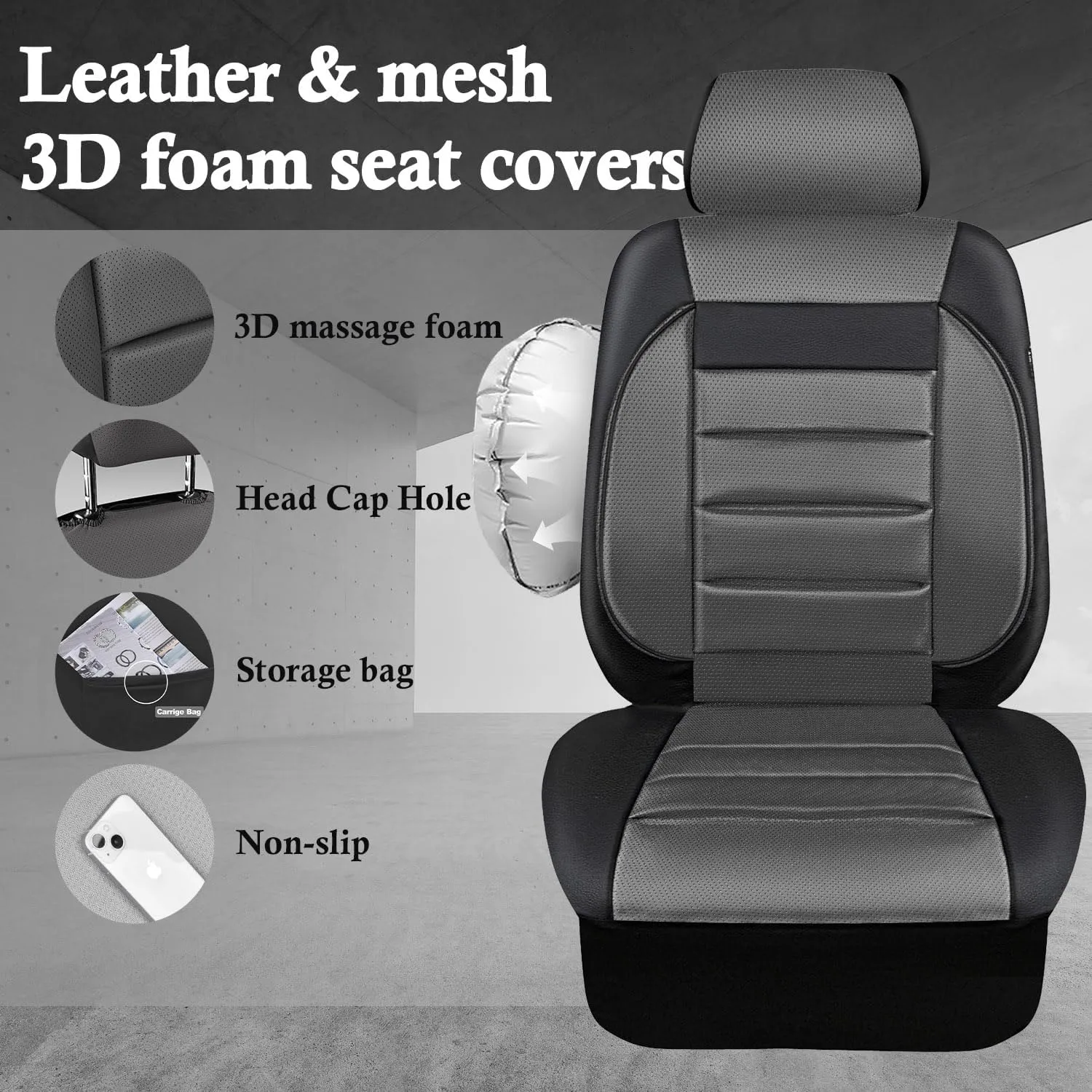 CAR PASS Leather Seat Covers Full Set Universal Water Resistant 3D Foam Back Support, Luxury Comfort Automotive 5 Seat Covers All Season Fit for SUV,Sedan,Van, Airbag Compatible Elegance(Gray Black)