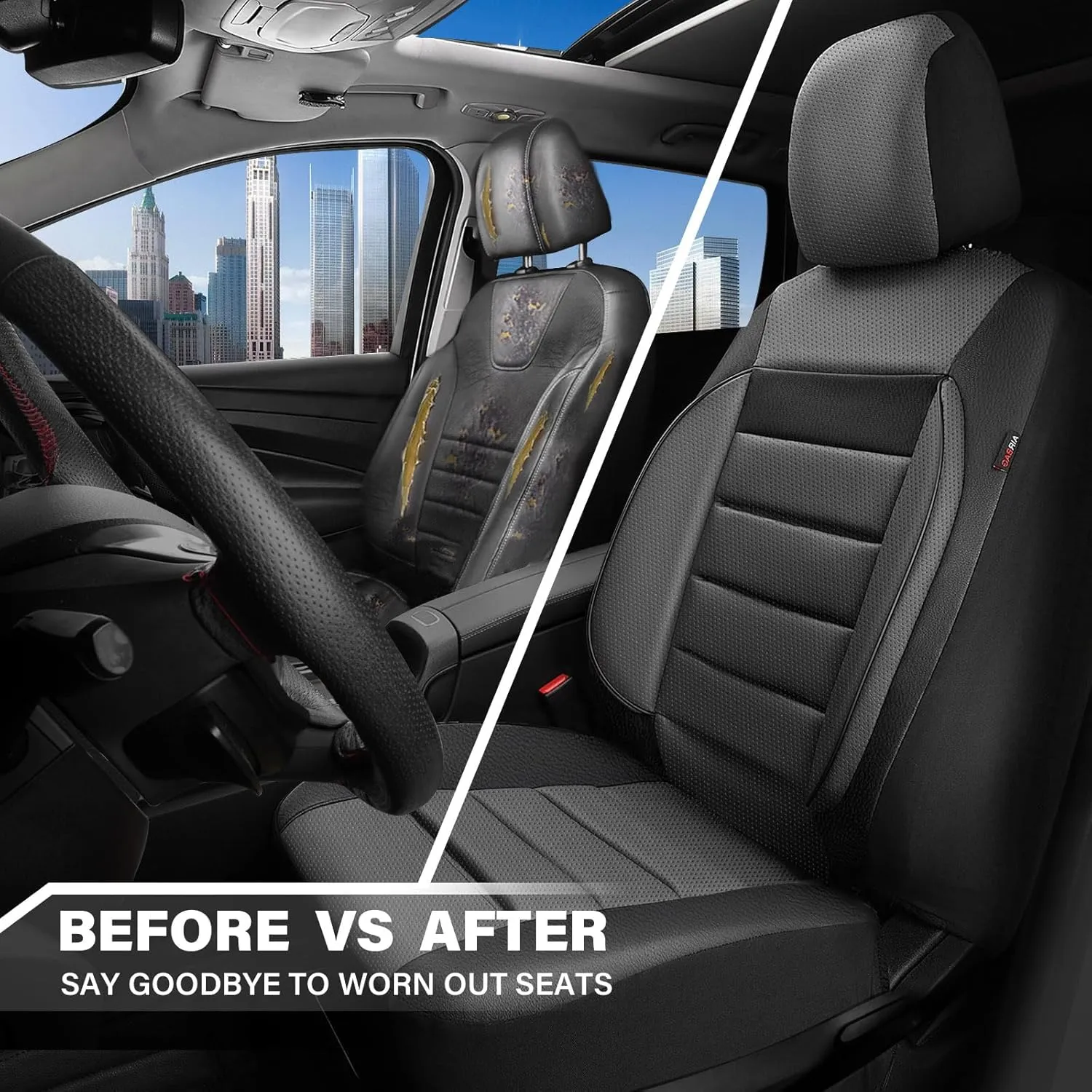 CAR PASS Leather Seat Covers Full Set Universal Water Resistant 3D Foam Back Support, Luxury Comfort Automotive 5 Seat Covers All Season Fit for SUV,Sedan,Van, Airbag Compatible Elegance(Gray Black)