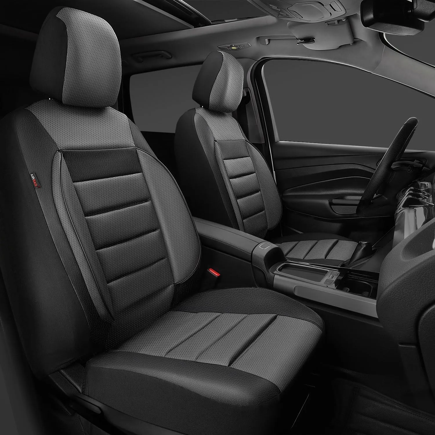 CAR PASS Leather Seat Covers Full Set Universal Water Resistant 3D Foam Back Support, Luxury Comfort Automotive 5 Seat Covers All Season Fit for SUV,Sedan,Van, Airbag Compatible Elegance(Gray Black)