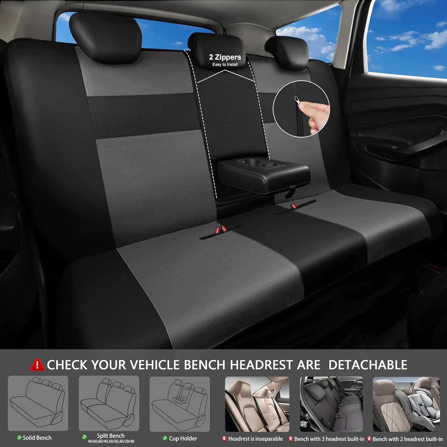 CAR PASS Leather Seat Covers Full Set Universal Water Resistant 3D Foam Back Support, Luxury Comfort Automotive 5 Seat Covers All Season Fit for SUV,Sedan,Van, Airbag Compatible Elegance(Gray Black)