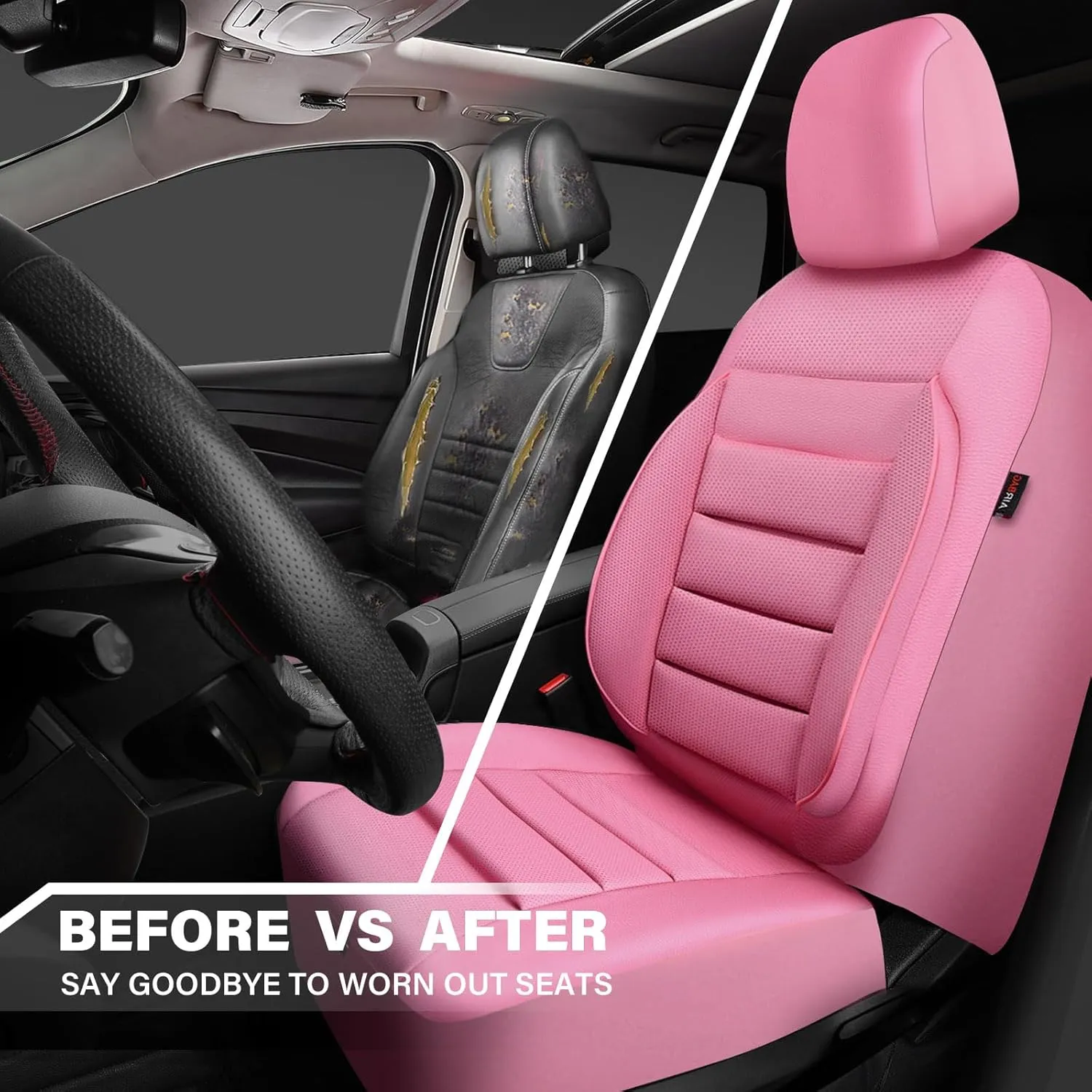 CAR PASS Pink Leather Seat Covers Full Set Universal Water Resistant 3D Foam Back Support, Luxury Comfort Automotive 5 Seat Covers All Season Fit SUV,Sedan,Van, Airbag Compatible Elegance Pink