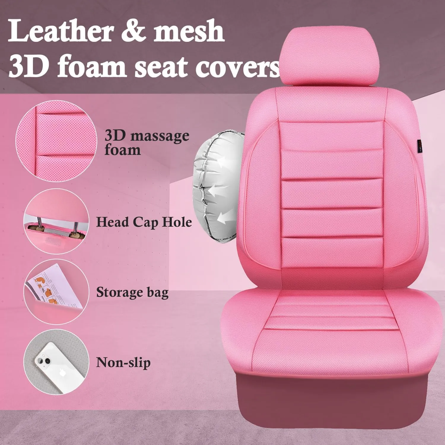 CAR PASS Pink Leather Seat Covers Full Set Universal Water Resistant 3D Foam Back Support, Luxury Comfort Automotive 5 Seat Covers All Season Fit SUV,Sedan,Van, Airbag Compatible Elegance Pink