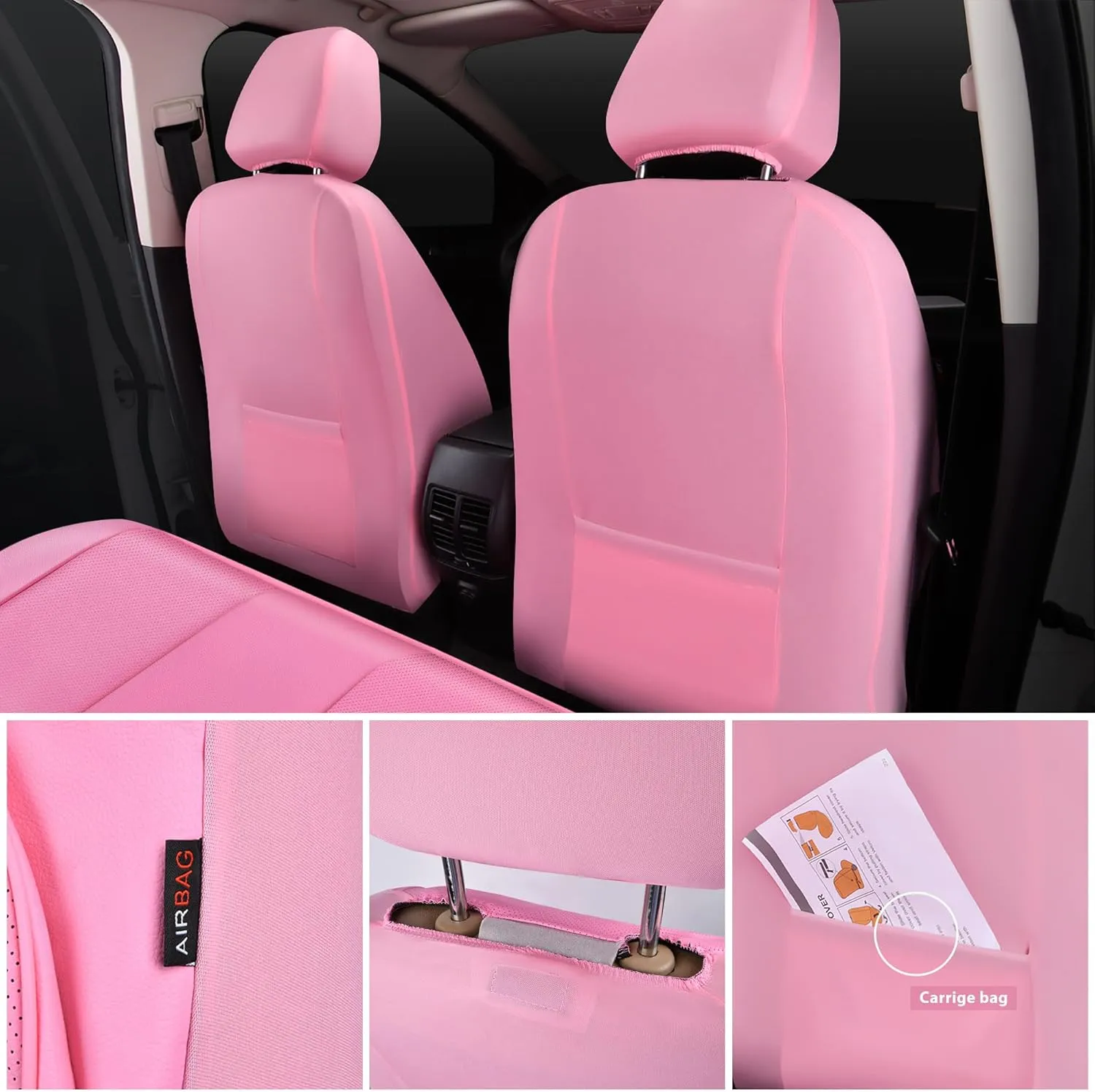 CAR PASS Pink Leather Seat Covers Full Set Universal Water Resistant 3D Foam Back Support, Luxury Comfort Automotive 5 Seat Covers All Season Fit SUV,Sedan,Van, Airbag Compatible Elegance Pink