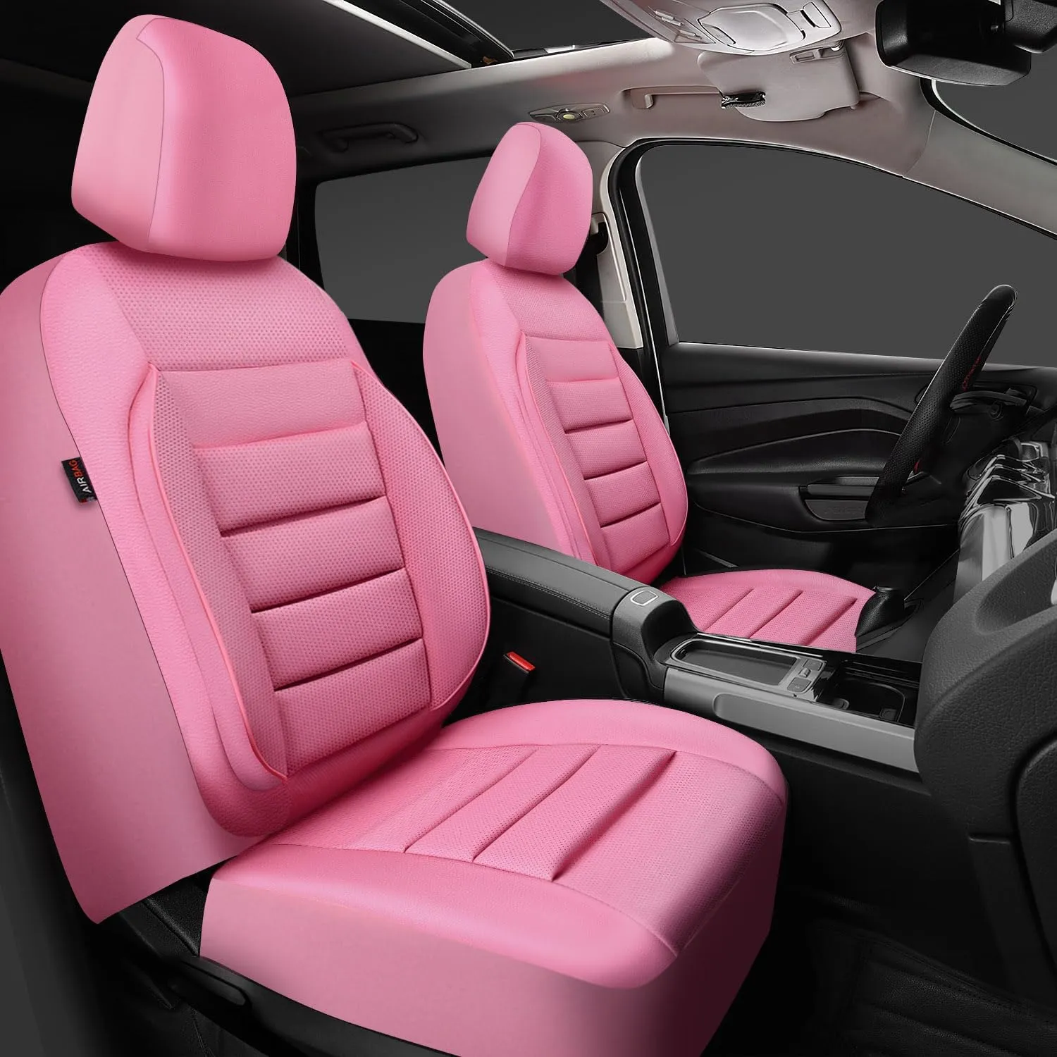 CAR PASS Pink Leather Seat Covers Full Set Universal Water Resistant 3D Foam Back Support, Luxury Comfort Automotive 5 Seat Covers All Season Fit SUV,Sedan,Van, Airbag Compatible Elegance Pink