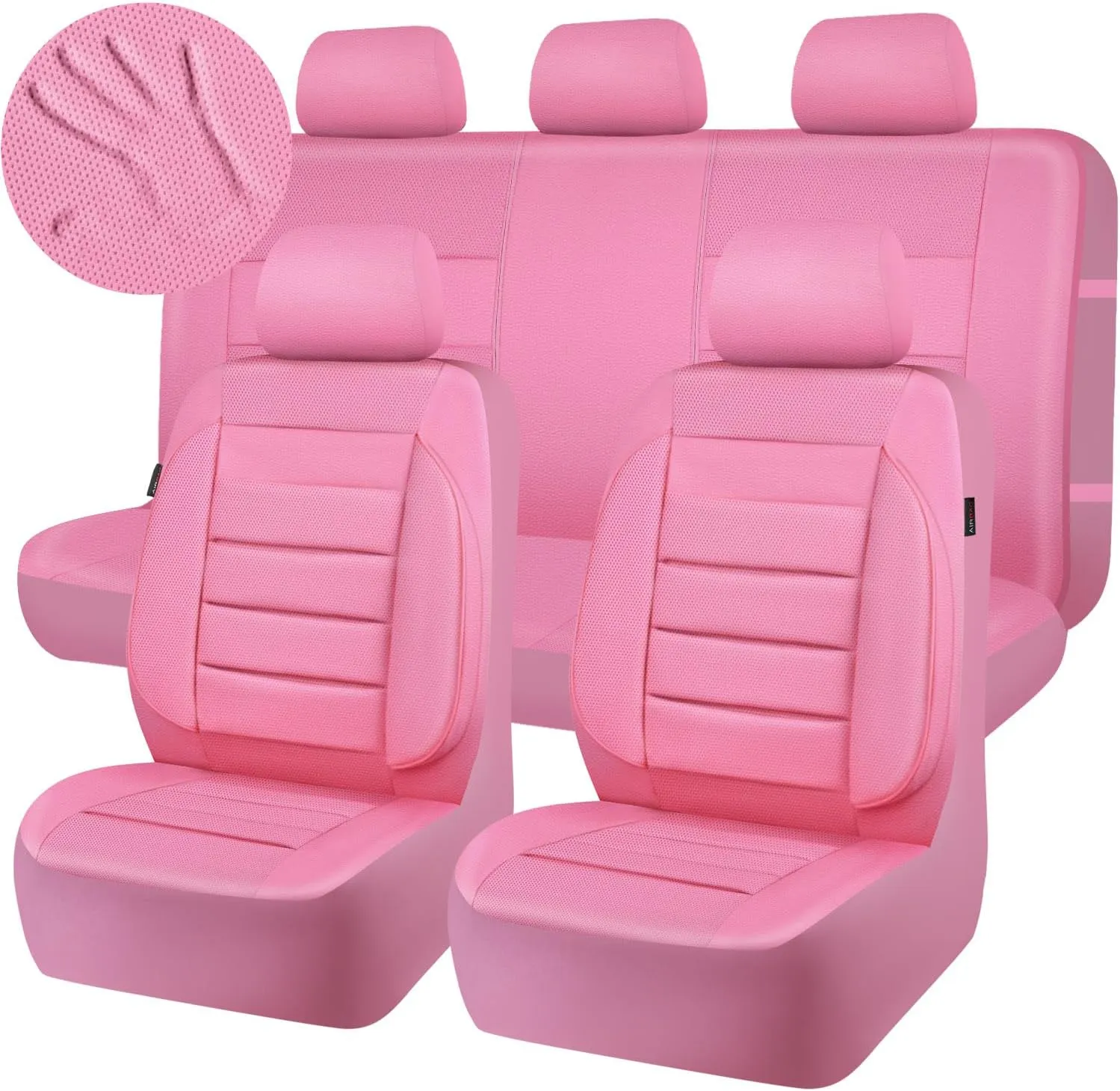 CAR PASS Pink Leather Seat Covers Full Set Universal Water Resistant 3D Foam Back Support, Luxury Comfort Automotive 5 Seat Covers All Season Fit SUV,Sedan,Van, Airbag Compatible Elegance Pink