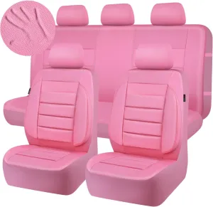 CAR PASS Pink Leather Seat Covers Full Set Universal Water Resistant 3D Foam Back Support, Luxury Comfort Automotive 5 Seat Covers All Season Fit SUV,Sedan,Van, Airbag Compatible Elegance Pink