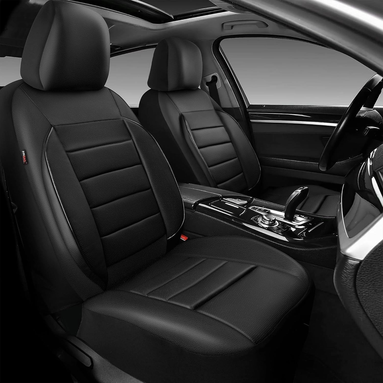 CAR PASS Faux Leather Car Seat Covers Front Seats Only, 3D Foam Support Car Seat Covers, Universal fit for Trucks Vans SUVs Sedans Automotive Comfortable, Airbag Compatible 2 Pieces Front Solid Black