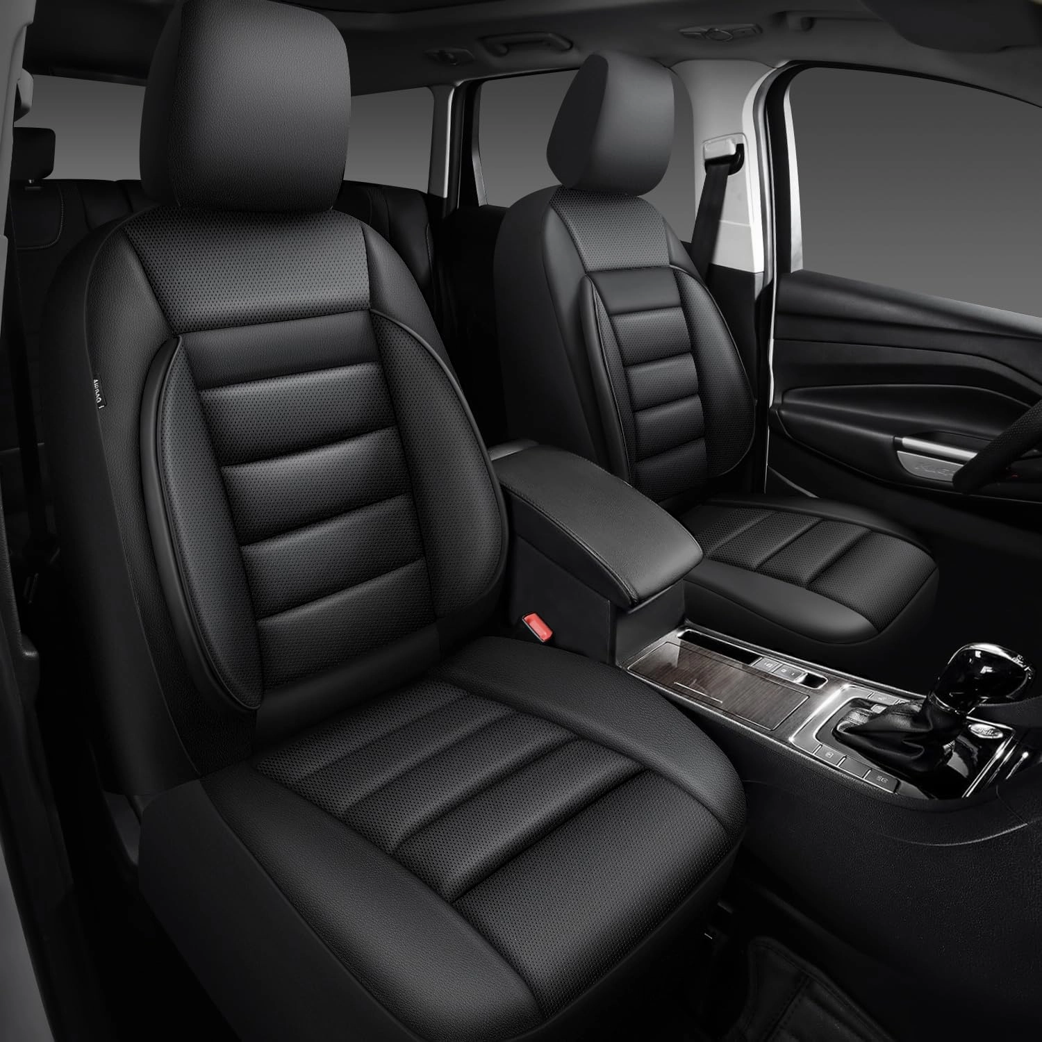 CAR PASS Faux Leather Car Seat Covers Front Seats Only, 3D Foam Support Car Seat Covers, Universal fit for Trucks Vans SUVs Sedans Automotive Comfortable, Airbag Compatible 2 Pieces Front Solid Black