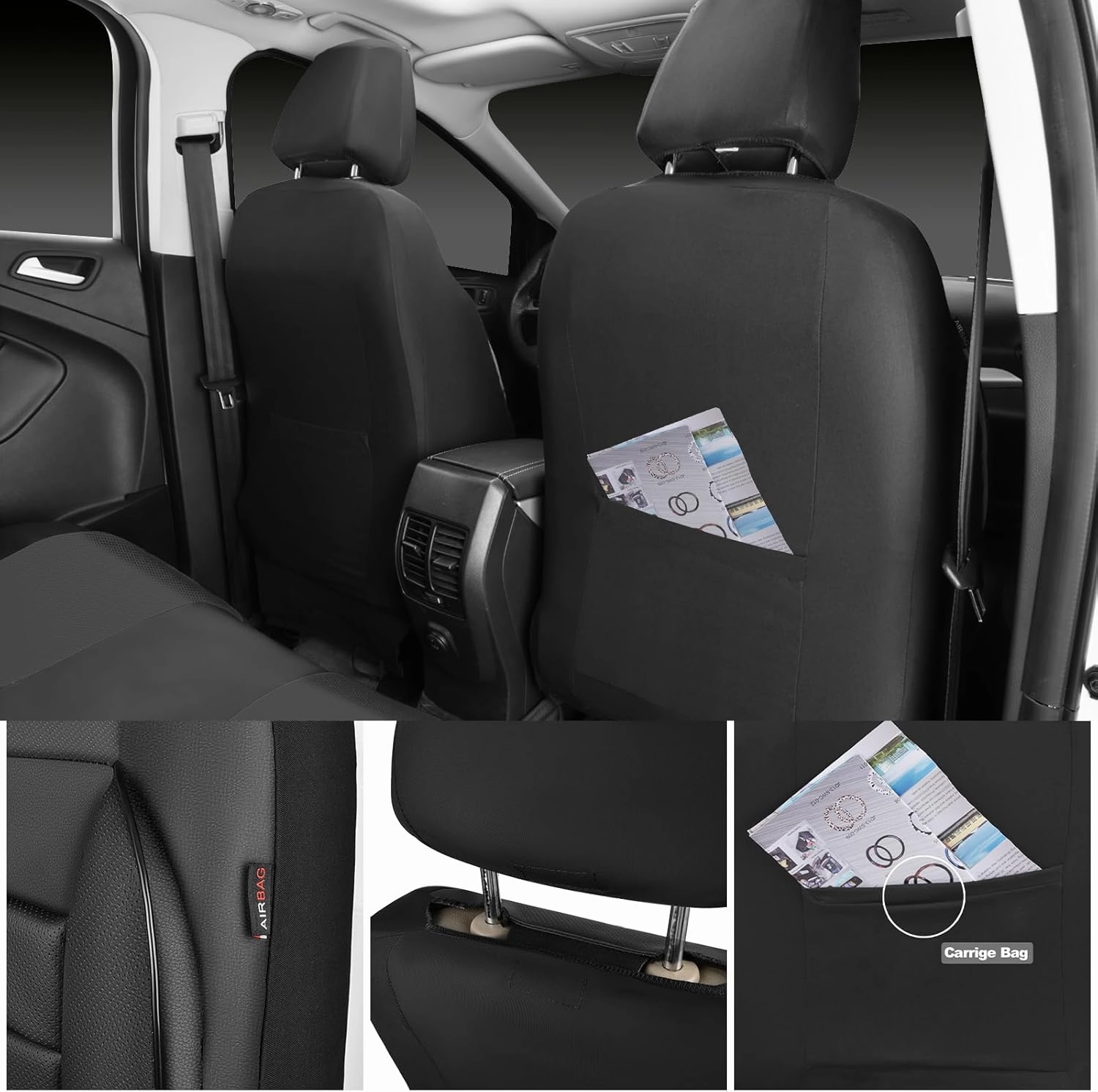 CAR PASS Faux Leather Car Seat Covers Front Seats Only, 3D Foam Support Car Seat Covers, Universal fit for Trucks Vans SUVs Sedans Automotive Comfortable, Airbag Compatible 2 Pieces Front Solid Black