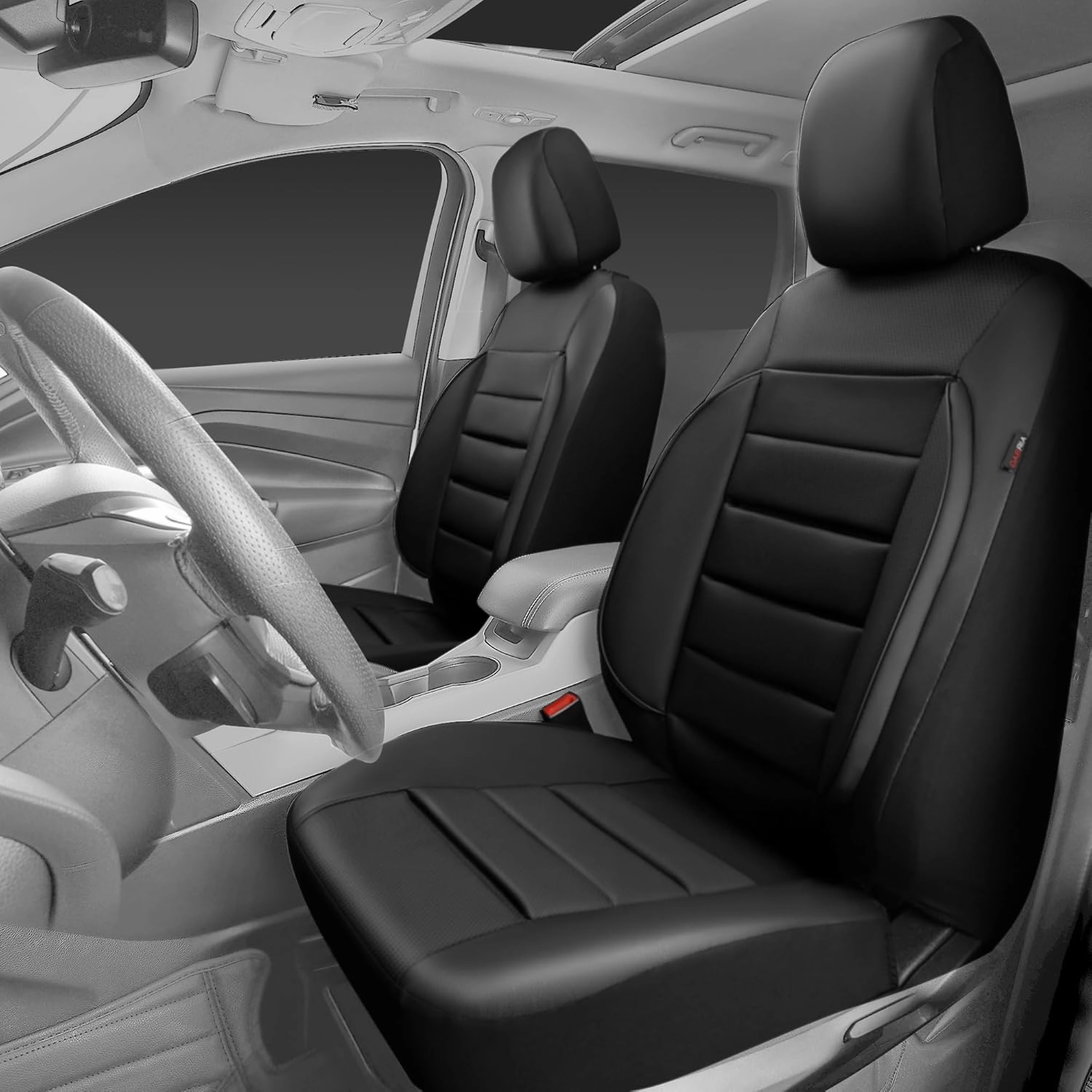 CAR PASS Faux Leather Car Seat Covers Front Seats Only, 3D Foam Support Car Seat Covers, Universal fit for Trucks Vans SUVs Sedans Automotive Comfortable, Airbag Compatible 2 Pieces Front Solid Black
