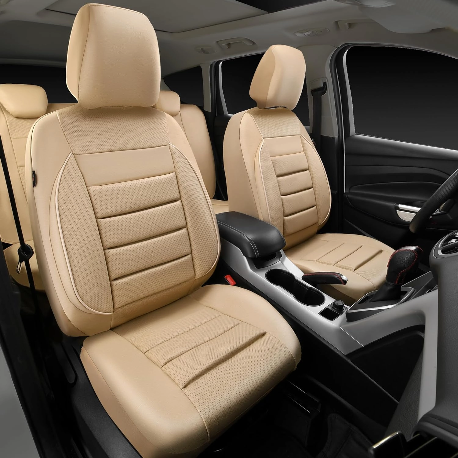 CAR PASS Leather Seat Covers Full Set Universal Water Resistant 3D Foam Back Support, Luxury Comfort Automotive 5 Seat Covers All Season Fit for SUV,Sedan,Van, Airbag Compatible Elegance (Beige)