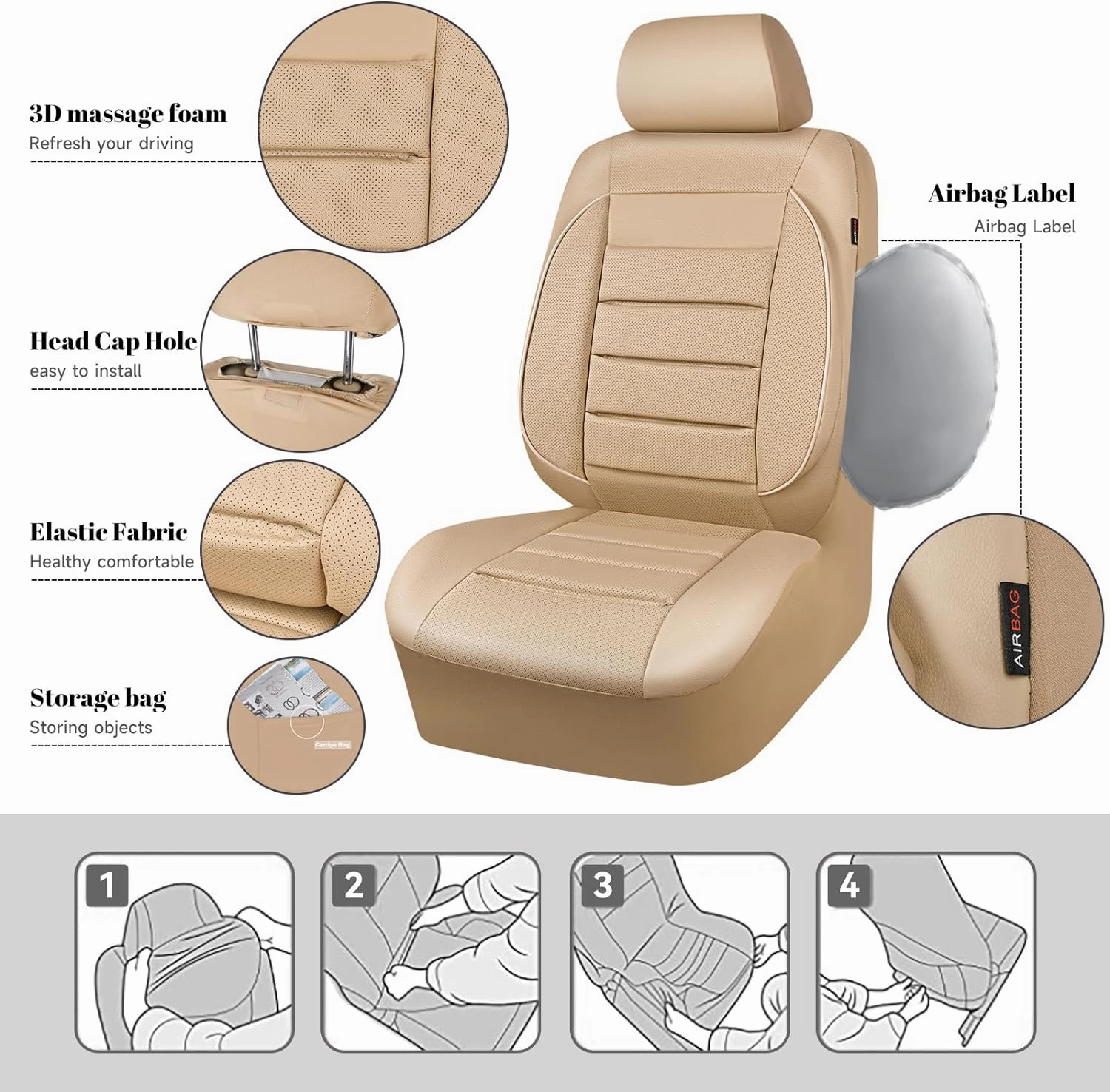 CAR PASS Leather Seat Covers Full Set Universal Water Resistant 3D Foam Back Support, Luxury Comfort Automotive 5 Seat Covers All Season Fit for SUV,Sedan,Van, Airbag Compatible Elegance (Beige)