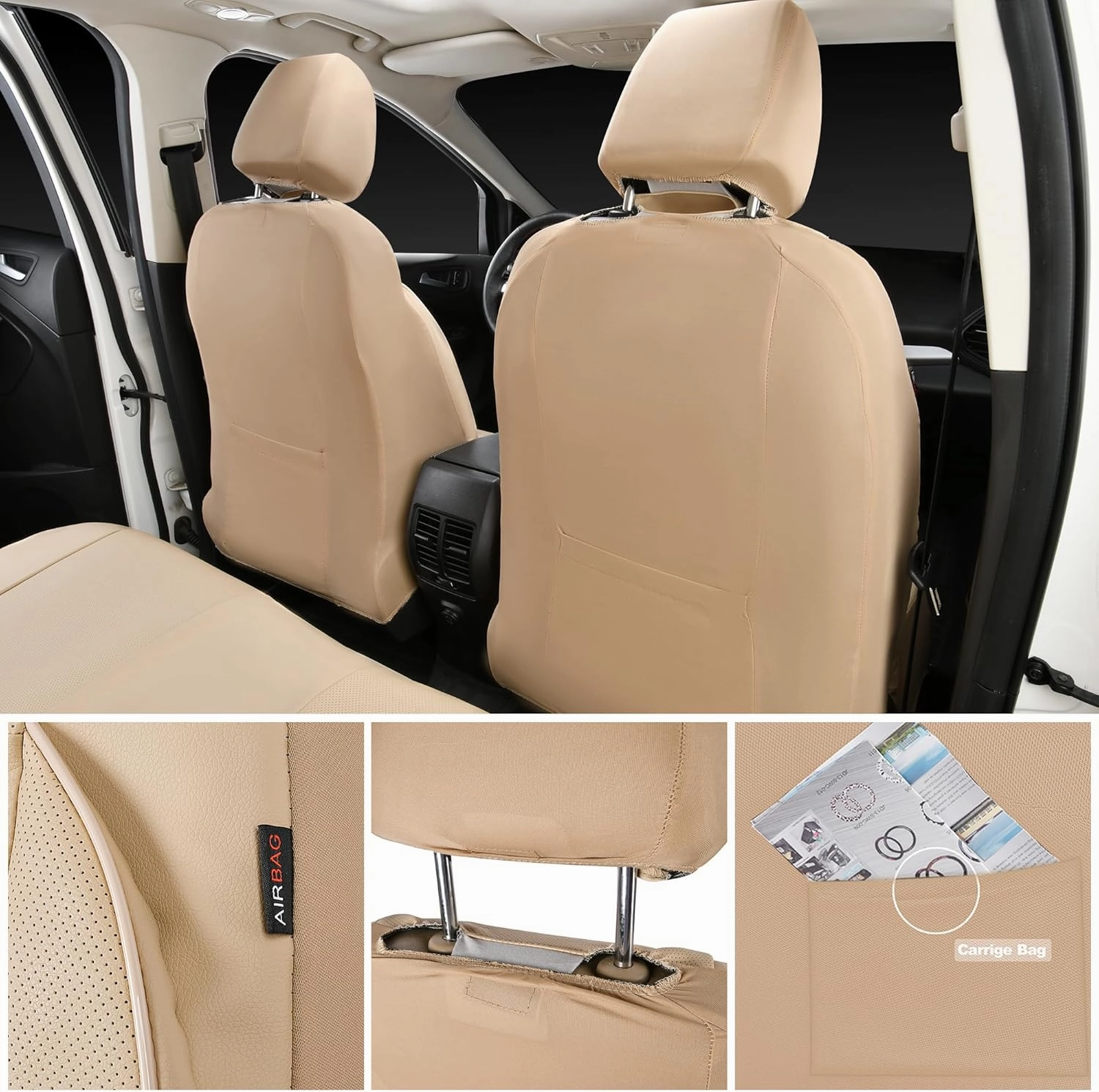 CAR PASS Leather Seat Covers Full Set Universal Water Resistant 3D Foam Back Support, Luxury Comfort Automotive 5 Seat Covers All Season Fit for SUV,Sedan,Van, Airbag Compatible Elegance (Beige)