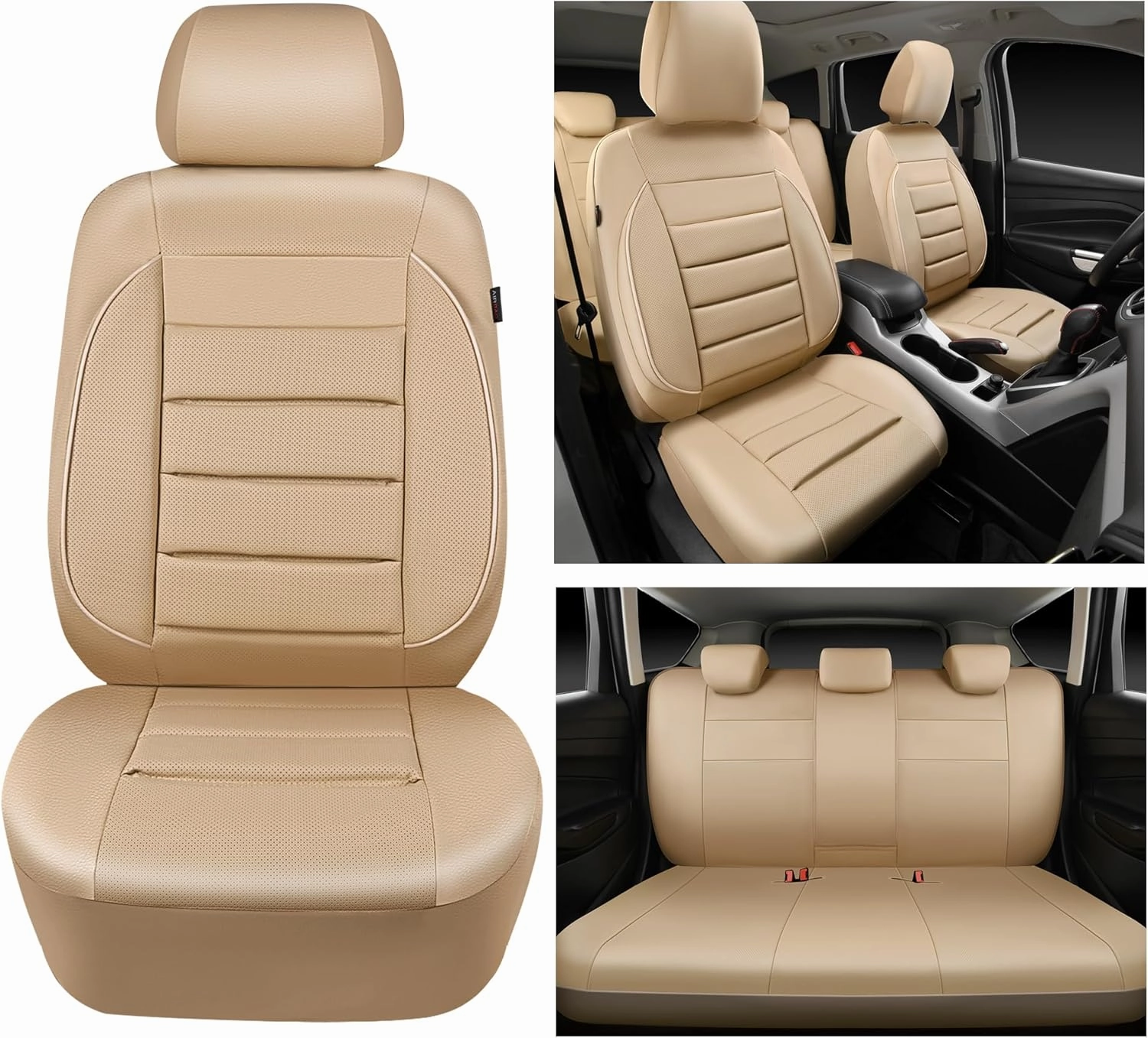CAR PASS Leather Seat Covers Full Set Universal Water Resistant 3D Foam Back Support, Luxury Comfort Automotive 5 Seat Covers All Season Fit for SUV,Sedan,Van, Airbag Compatible Elegance (Beige)