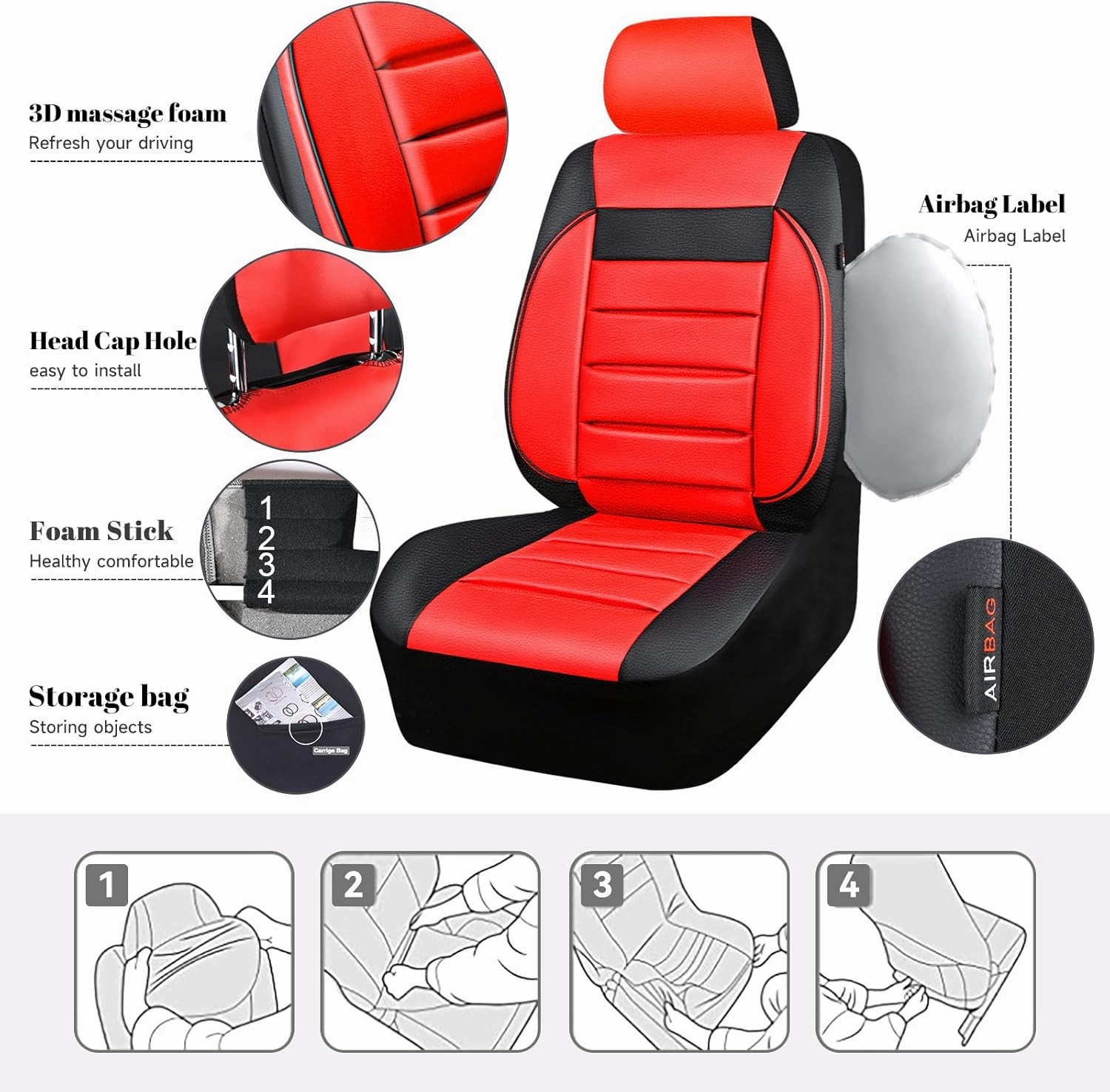 CAR PASS Leather Seat Covers Full Set Universal Water Resistant 3D Foam Back Support, Luxury Comfort Automotive 5 Seat Covers All Season Fit for SUV,Sedan,Van, Airbag Compatible Elegance (Black Red)