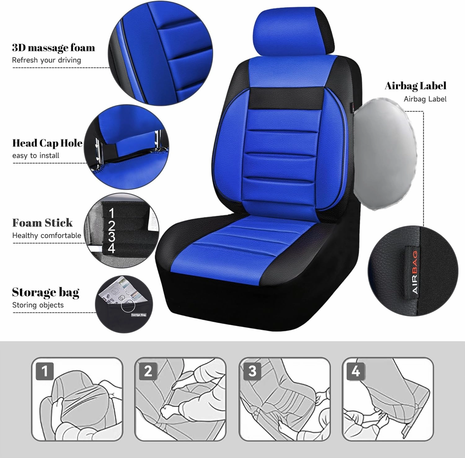 CAR PASS Leather Seat Covers Full Set Universal Water Resistant 3D Foam Back Support, Luxury Comfort Automotive 5 Seat Covers All Season Fit for SUV,Sedan,Van, Airbag Compatible Elegance(Blue Black)