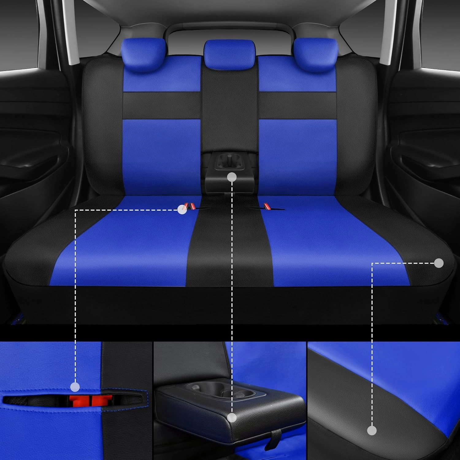 CAR PASS Leather Seat Covers Full Set Universal Water Resistant 3D Foam Back Support, Luxury Comfort Automotive 5 Seat Covers All Season Fit for SUV,Sedan,Van, Airbag Compatible Elegance(Blue Black)