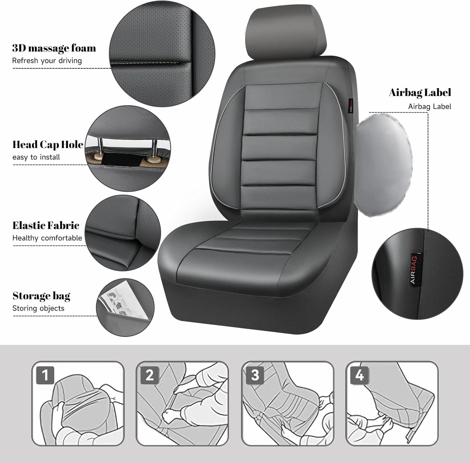 CAR PASS Leather Seat Covers Full Set Universal Water Resistant 3D Foam Back Support, Luxury Comfort Automotive 5 Seat Covers All Season Fit for SUV,Sedan,Van, Airbag Compatible Elegance (Gray)
