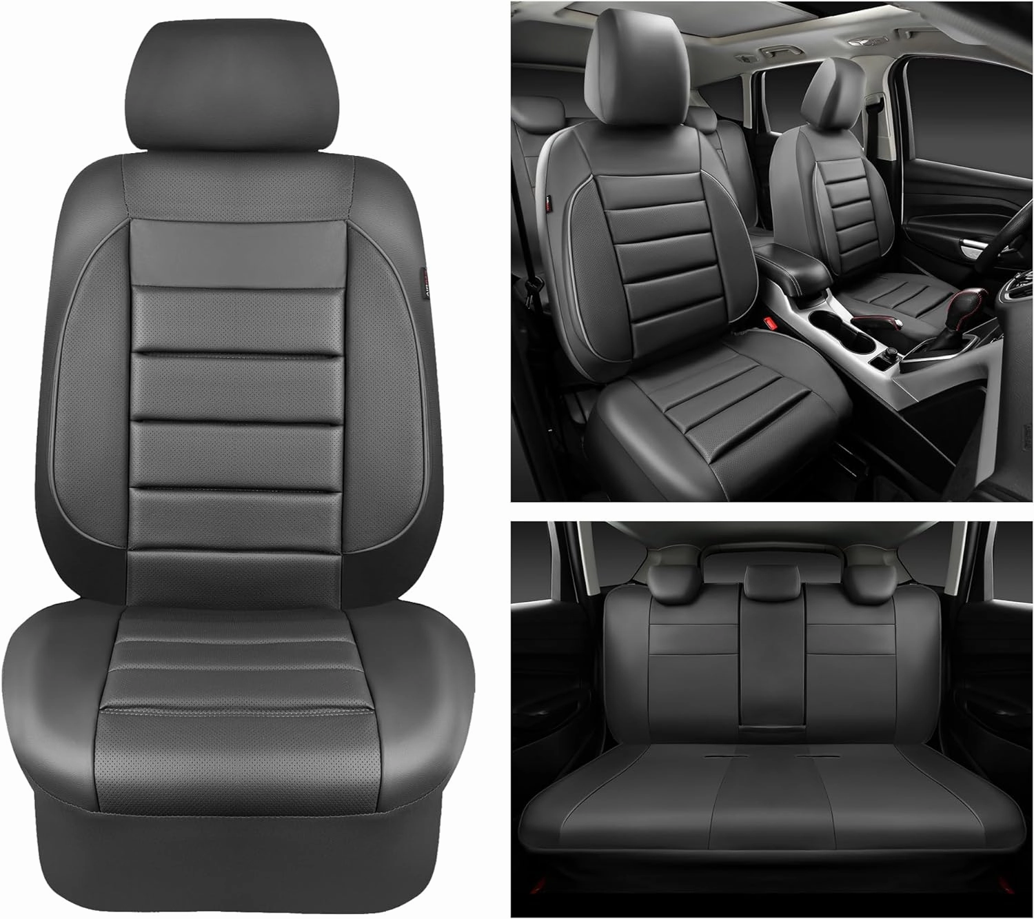 CAR PASS Leather Seat Covers Full Set Universal Water Resistant 3D Foam Back Support, Luxury Comfort Automotive 5 Seat Covers All Season Fit for SUV,Sedan,Van, Airbag Compatible Elegance (Gray)