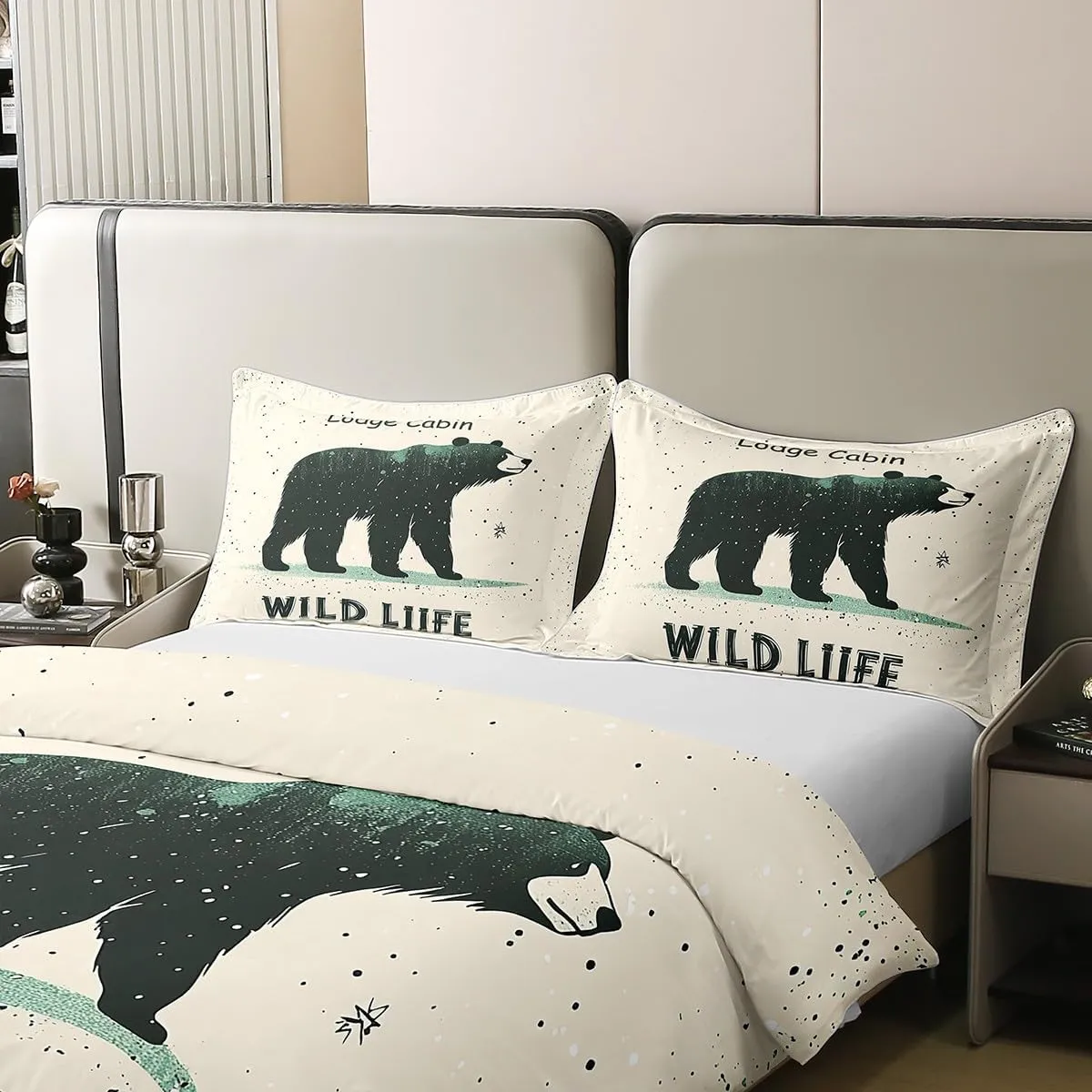 Cartoon Bear Bedding Set Twin Size 100% Cotton Cute Black Green Graffiti Wild Animal Duvet Cover for Kids Boys Girls Teens Lodge Cabin Jungle Farmhouse Style Quilt Cover,1 Pillowcase(No Comforter)