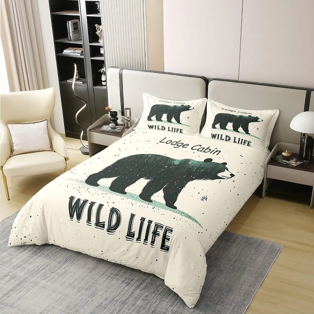 Cartoon Bear Bedding Set Twin Size 100% Cotton Cute Black Green Graffiti Wild Animal Duvet Cover for Kids Boys Girls Teens Lodge Cabin Jungle Farmhouse Style Quilt Cover,1 Pillowcase(No Comforter)