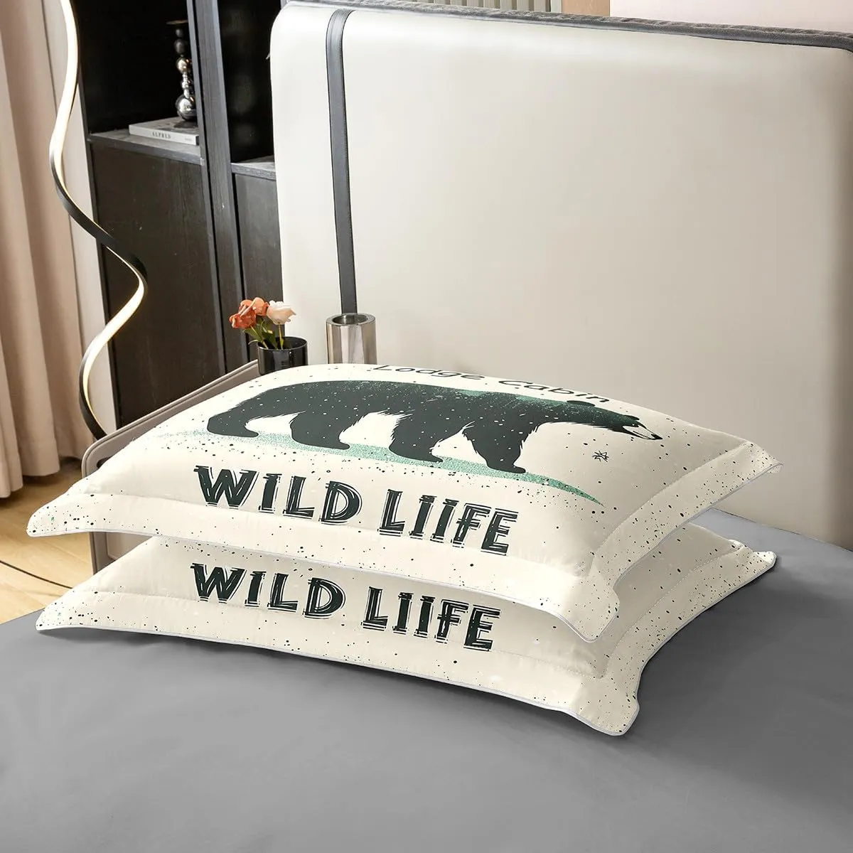 Cartoon Bear Bedding Set Twin Size 100% Cotton Cute Black Green Graffiti Wild Animal Duvet Cover for Kids Boys Girls Teens Lodge Cabin Jungle Farmhouse Style Quilt Cover,1 Pillowcase(No Comforter)