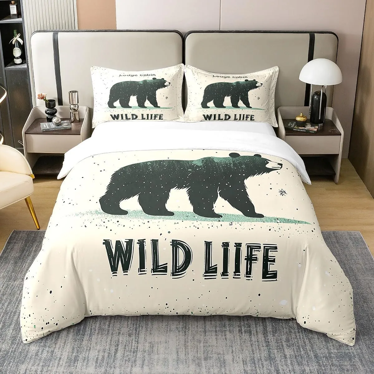 Cartoon Bear Bedding Set Twin Size 100% Cotton Cute Black Green Graffiti Wild Animal Duvet Cover for Kids Boys Girls Teens Lodge Cabin Jungle Farmhouse Style Quilt Cover,1 Pillowcase(No Comforter)