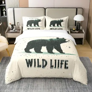 Cartoon Bear Bedding Set Twin Size 100% Cotton Cute Black Green Graffiti Wild Animal Duvet Cover for Kids Boys Girls Teens Lodge Cabin Jungle Farmhouse Style Quilt Cover,1 Pillowcase(No Comforter)
