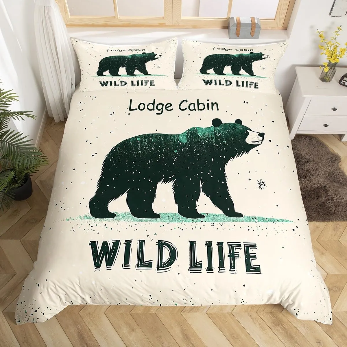 Cartoon Bear Bedding Sets Twin Size 2 Pcs,Cute Black Green Graffiti Wild Animal Duvet Cover for Kids Boys Girls Teens,Lodge Cabin Jungle Farmhouse Style Quilt Cover with 1 Pillowcase(No Comforter)