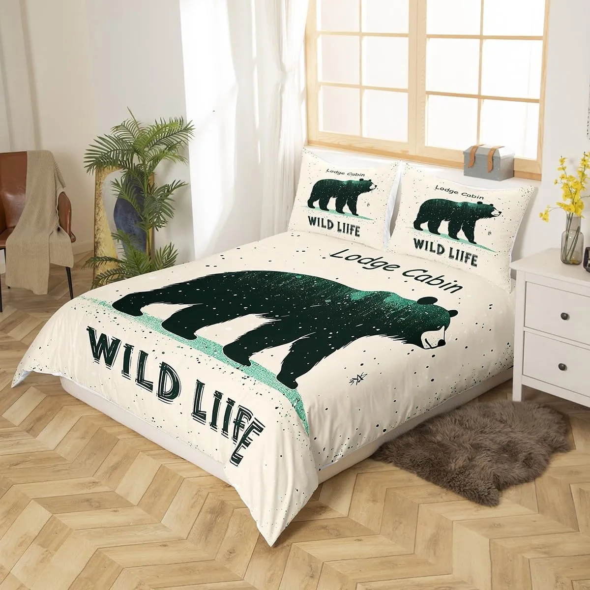 Cartoon Bear Bedding Sets Twin Size 2 Pcs,Cute Black Green Graffiti Wild Animal Duvet Cover for Kids Boys Girls Teens,Lodge Cabin Jungle Farmhouse Style Quilt Cover with 1 Pillowcase(No Comforter)