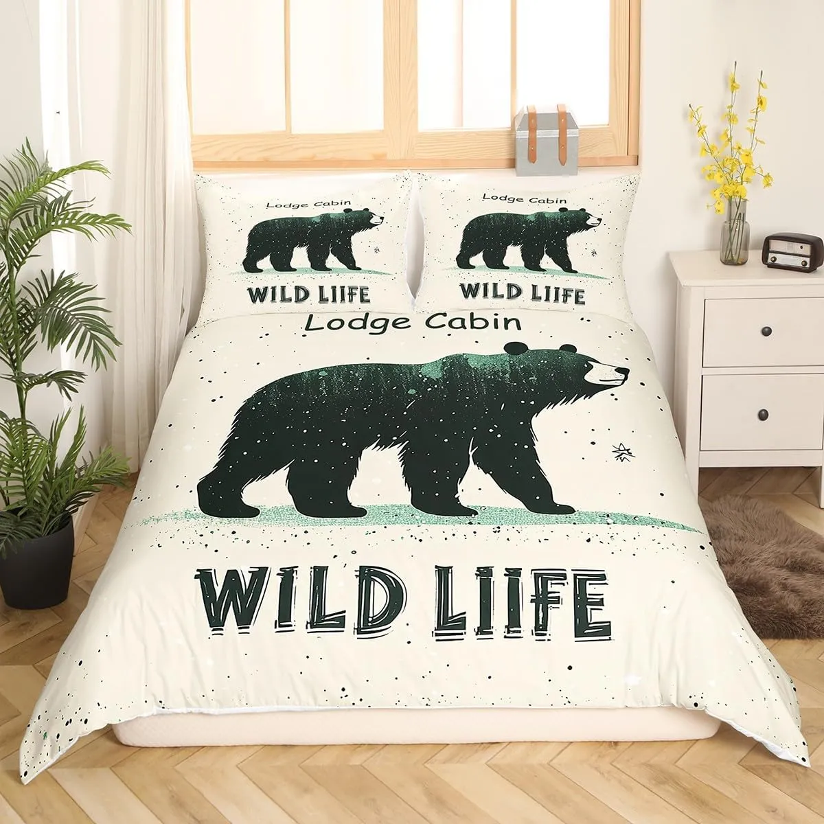 Cartoon Bear Bedding Sets Twin Size 2 Pcs,Cute Black Green Graffiti Wild Animal Duvet Cover for Kids Boys Girls Teens,Lodge Cabin Jungle Farmhouse Style Quilt Cover with 1 Pillowcase(No Comforter)