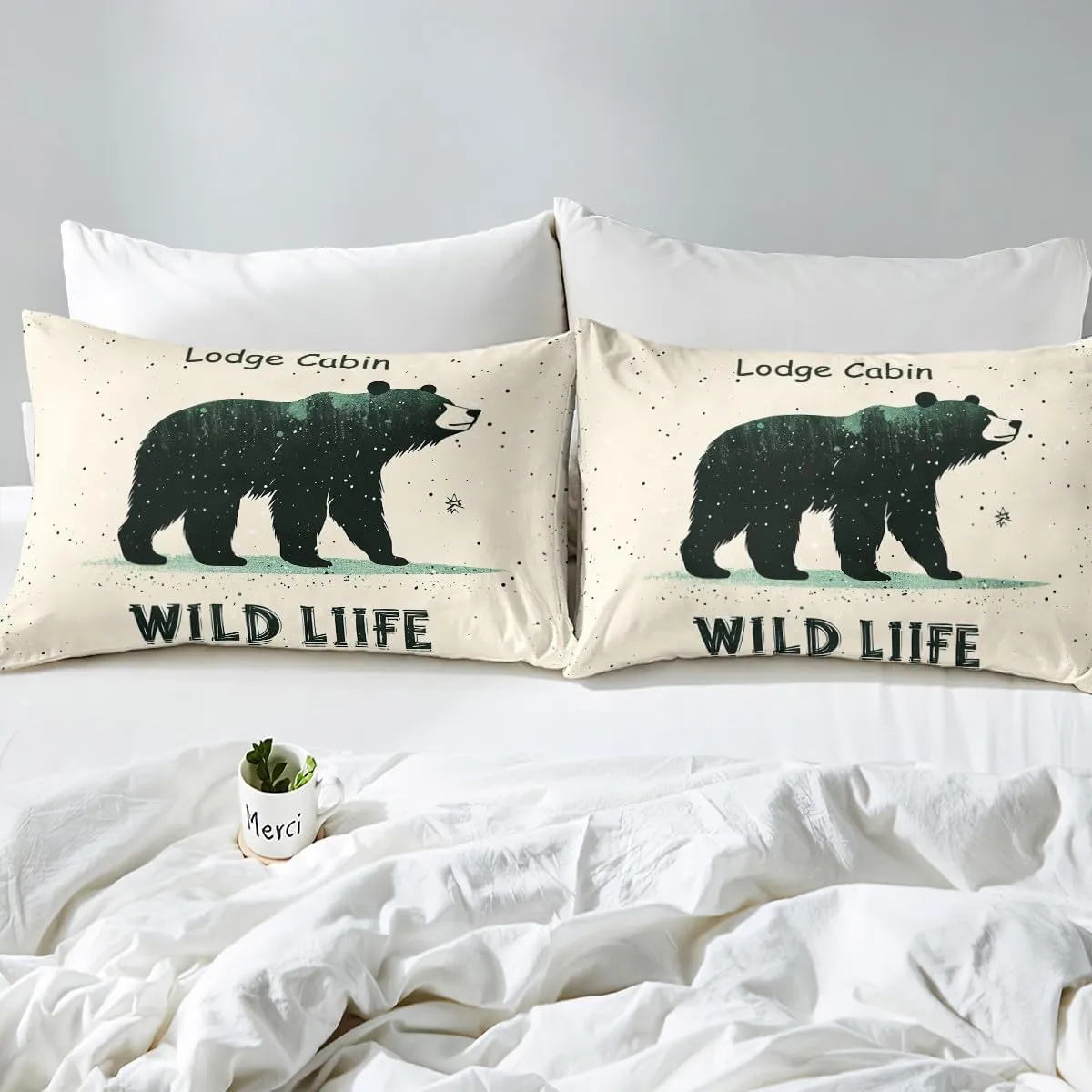 Cartoon Bear Bedding Sets Twin Size 2 Pcs,Cute Black Green Graffiti Wild Animal Duvet Cover for Kids Boys Girls Teens,Lodge Cabin Jungle Farmhouse Style Quilt Cover with 1 Pillowcase(No Comforter)