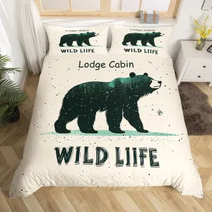 Cartoon Bear Bedding Sets Twin Size 2 Pcs,Cute Black Green Graffiti Wild Animal Duvet Cover for Kids Boys Girls Teens,Lodge Cabin Jungle Farmhouse Style Quilt Cover with 1 Pillowcase(No Comforter)