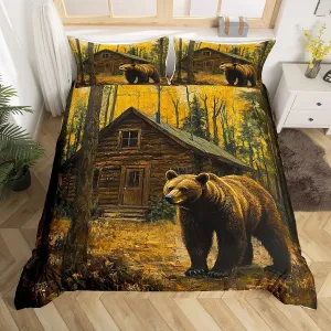Castle Fairy 3D Brown Bear Toddler Bedding Sets 2 Pcs,Jungle Cabin Wooden Farmhouse Duvet Cover for Kids Teens Adults,Wild Animals Oil Painting Style Trees Quilt Cover with 1 Pillowcase,No Comforter