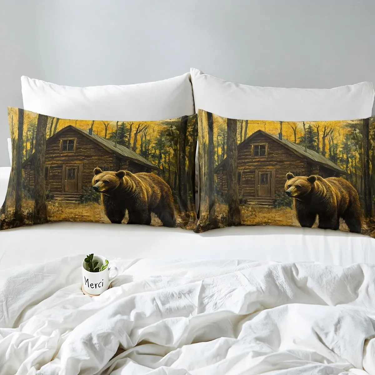 Castle Fairy 3D Brown Bear Toddler Bedding Sets 2 Pcs,Jungle Cabin Wooden Farmhouse Duvet Cover for Kids Teens Adults,Wild Animals Oil Painting Style Trees Quilt Cover with 1 Pillowcase,No Comforter