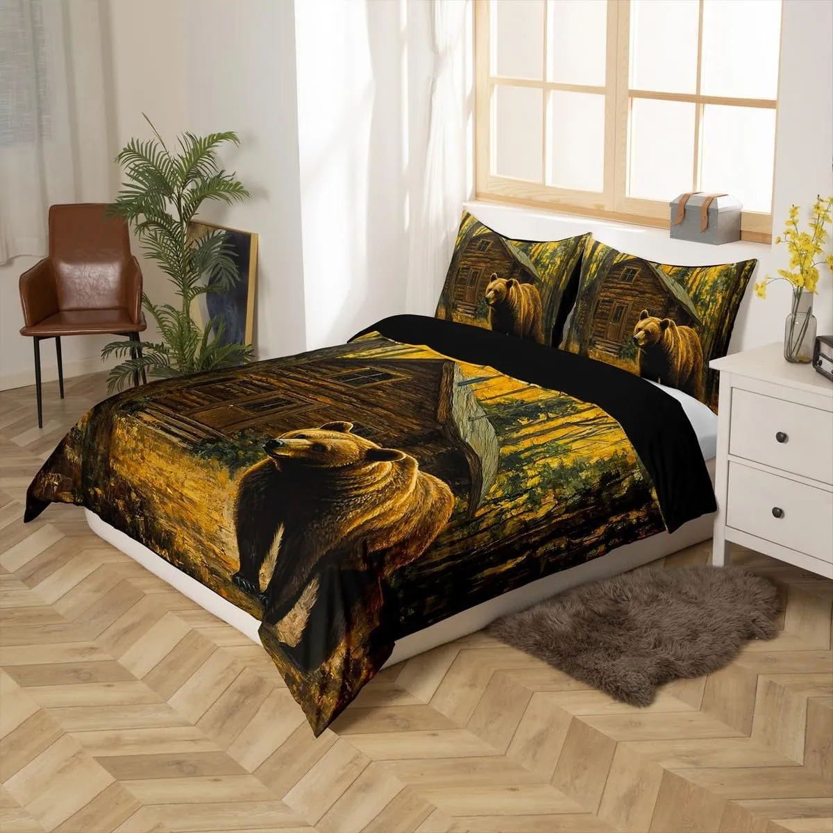 Castle Fairy 3D Brown Bear Toddler Bedding Sets 2 Pcs,Jungle Cabin Wooden Farmhouse Duvet Cover for Kids Teens Adults,Wild Animals Oil Painting Style Trees Quilt Cover with 1 Pillowcase,No Comforter