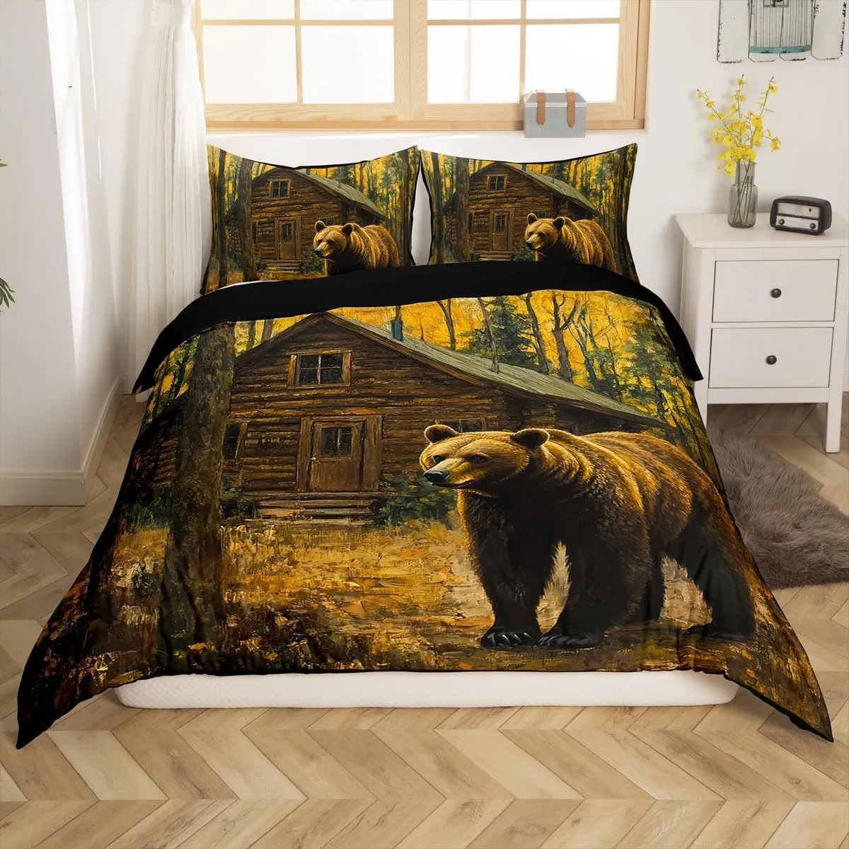 Castle Fairy 3D Brown Bear Toddler Bedding Sets 2 Pcs,Jungle Cabin Wooden Farmhouse Duvet Cover for Kids Teens Adults,Wild Animals Oil Painting Style Trees Quilt Cover with 1 Pillowcase,No Comforter