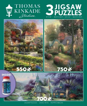 Ceaco - 3 in 1 Multipack - Thomas Kinkade - Clocktower Cottage - 550, 750, 700 Piece Panoramic Jigsaw Puzzles