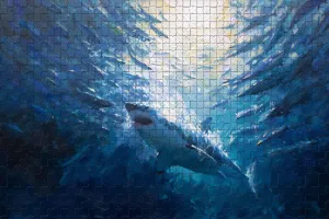 Challenging and Dramatic Jigsaw Game Featuring Great White Shark Hunting Fish Underwater 1000 Piece Puzzle for Adults and Nature Enthusiasts, Ocean Lovers Wall Decor and Family Fun Gift