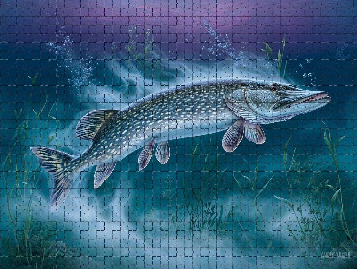 Challenging and Serene Mysterious Jigsaw Game Featuring Northern Pike Fish Underwater 500 Piece Puzzle for Adults and Fishers Nature Lovers Wall Decor and Family Fun Gift