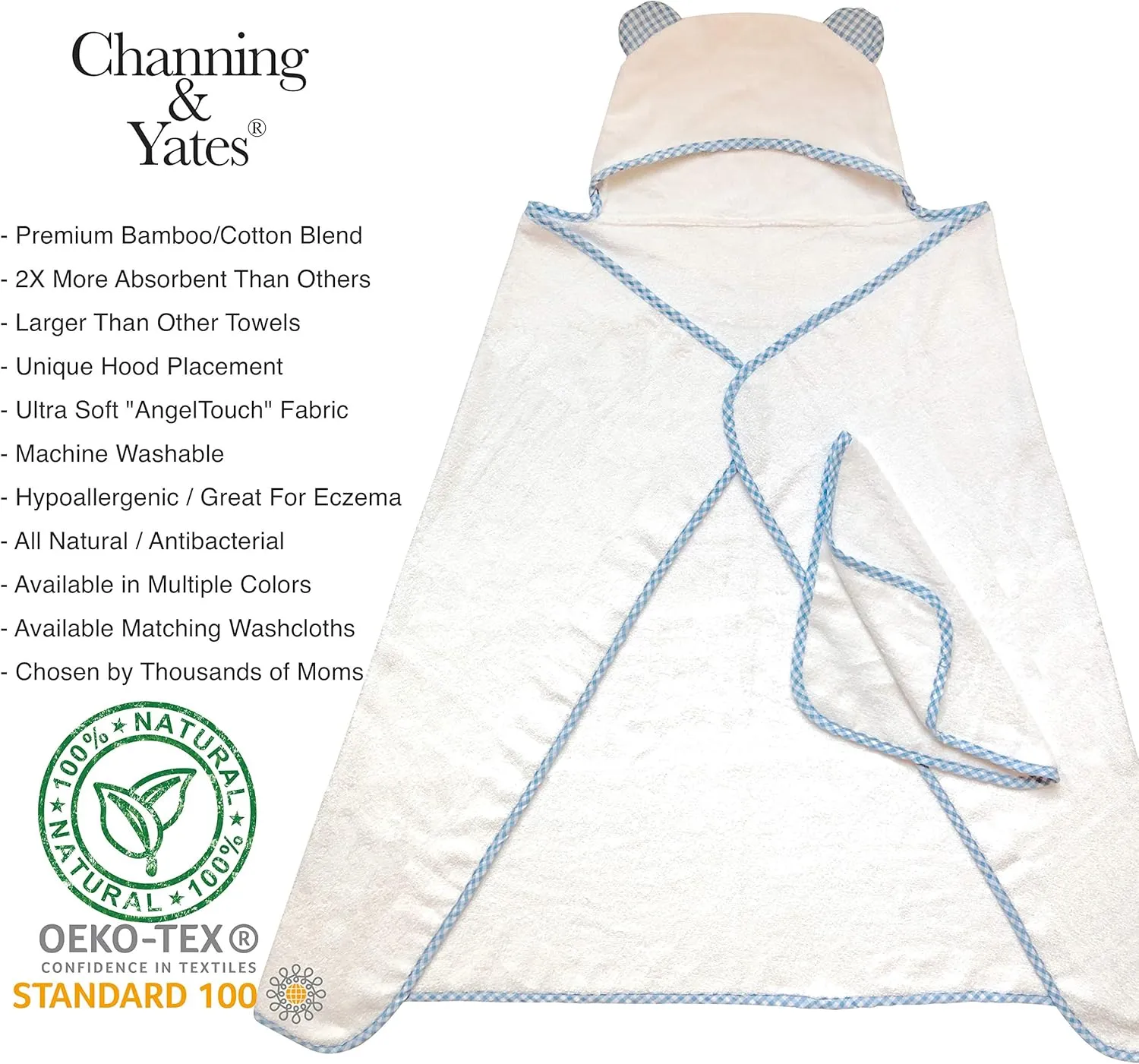 Channing & Yates Premium Boutique Organic Hooded Baby Towels and Washcloth Set - Softest Baby Towel with Hood - Baby Bath Towel for Newborn - Baby Boy Gift for Baby Shower (Blue)