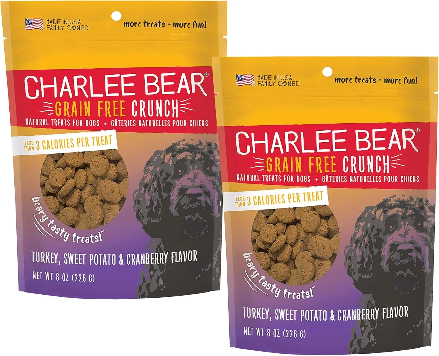Charlee Bear Grain Free Crunch Turkey, Sweet Potato & Cranberry Dog Treats, 8 oz (2-pack) - Made in the USA, Natural Training Treats for Dogs