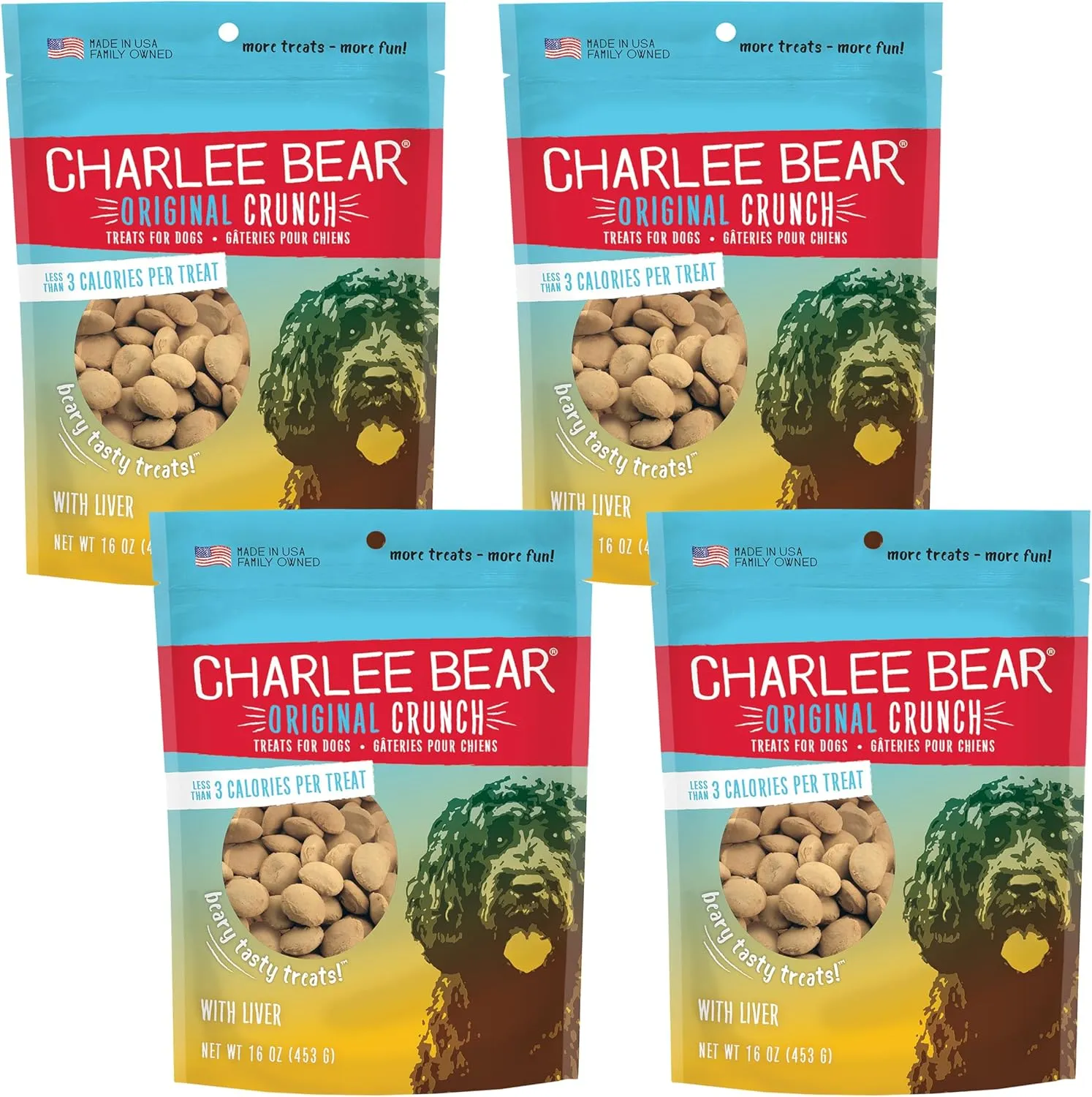 Charlee Bear Original Crunch with Liver Dog Treats, 16 oz (4-Pack) - Made in the USA Natural Training Treats for Dogs