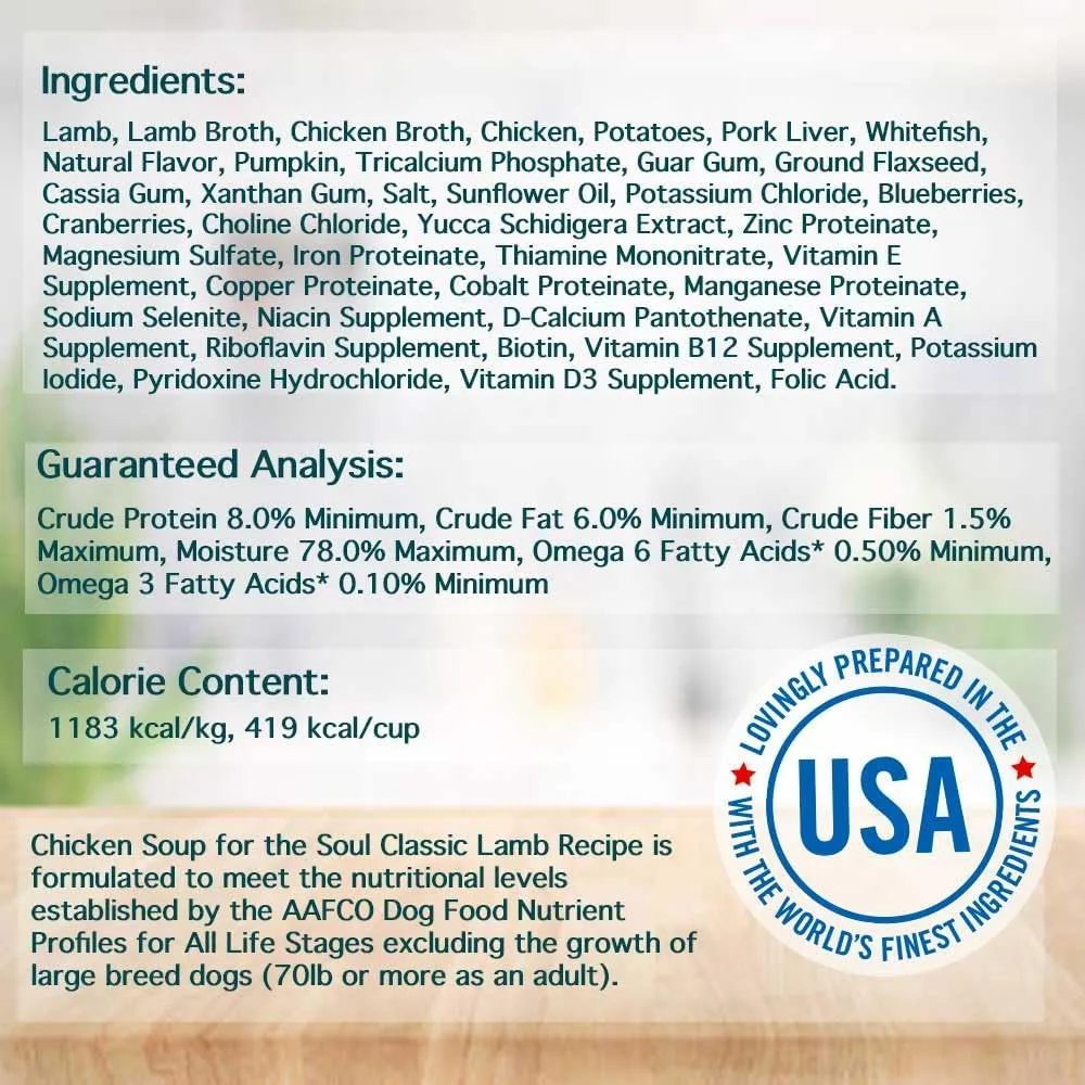 Chicken Soup For The Soul Classic Wet Adult Dog Food, Lamb Pate, 13 Ounce Can (Pack of 12) | Soy Free, Corn Free, Wheat Free, Canned Dog Food Made with Real Ingredients