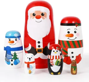 Christmas Wooden Stacking Doll Christmas Russian Matryoshka Doll Christmas Wooden Nested Doll with Santa Claus Elk Snowman Polar Bear Penguin for Kids Birthday Toy Party Home Decor