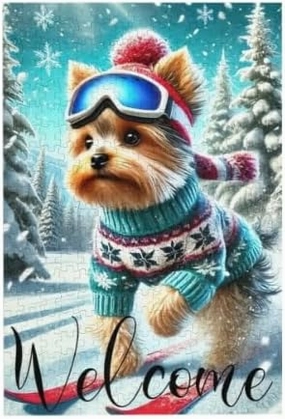 Christmas Jigsaw Puzzle for Adults, Yorkshire Terrier Dog Ski Puzzle Challenging Educational Game Fun Family Activities Dogs Lovers Puzzle Floor Props Kid Gift Unzip Toys Wooden Puzzles 500 Piece