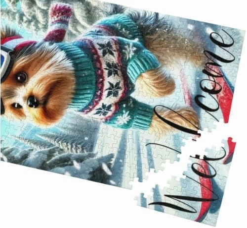 Christmas Jigsaw Puzzle for Adults, Yorkshire Terrier Dog Ski Puzzle Challenging Educational Game Fun Family Activities Dogs Lovers Puzzle Floor Props Kid Gift Unzip Toys Wooden Puzzles 500 Piece