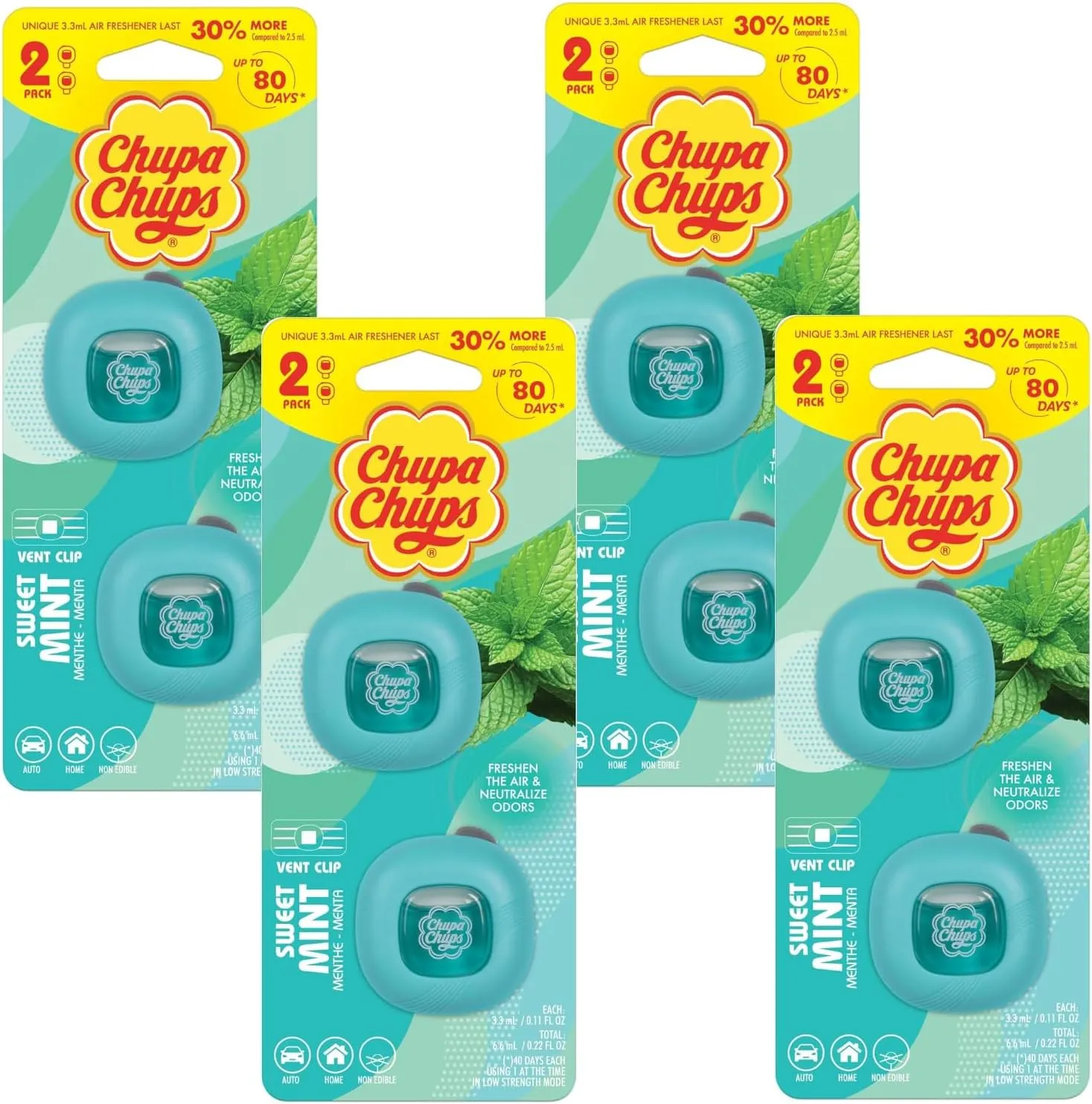 Chupa Chups Car Air Freshener, Sweet Mint - Long Lasting Car Fresheners with Fun Scents, Colorful and Vibrant Air Freshener for Car, Unique Car Freshner Perfume Deodorizer- 4Pack (8pcs Total)